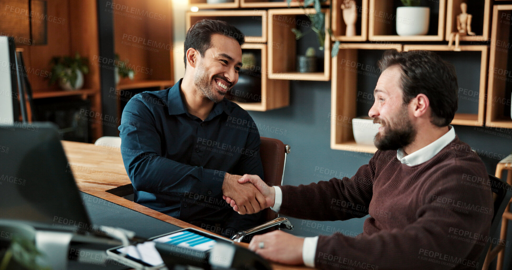 Buy stock photo Happy, businessman and handshake with agreement in office for business deal or partnership together. Male people, employees or shaking hands with smile for teamwork, collaboration or b2b in workplace