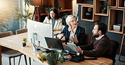 Buy stock photo Finance, feedback or people in office with computer, funding idea or teamwork on sales pitch. Above, digital or wealth advisor with tablet, budget report or partnership review on investment proposal.