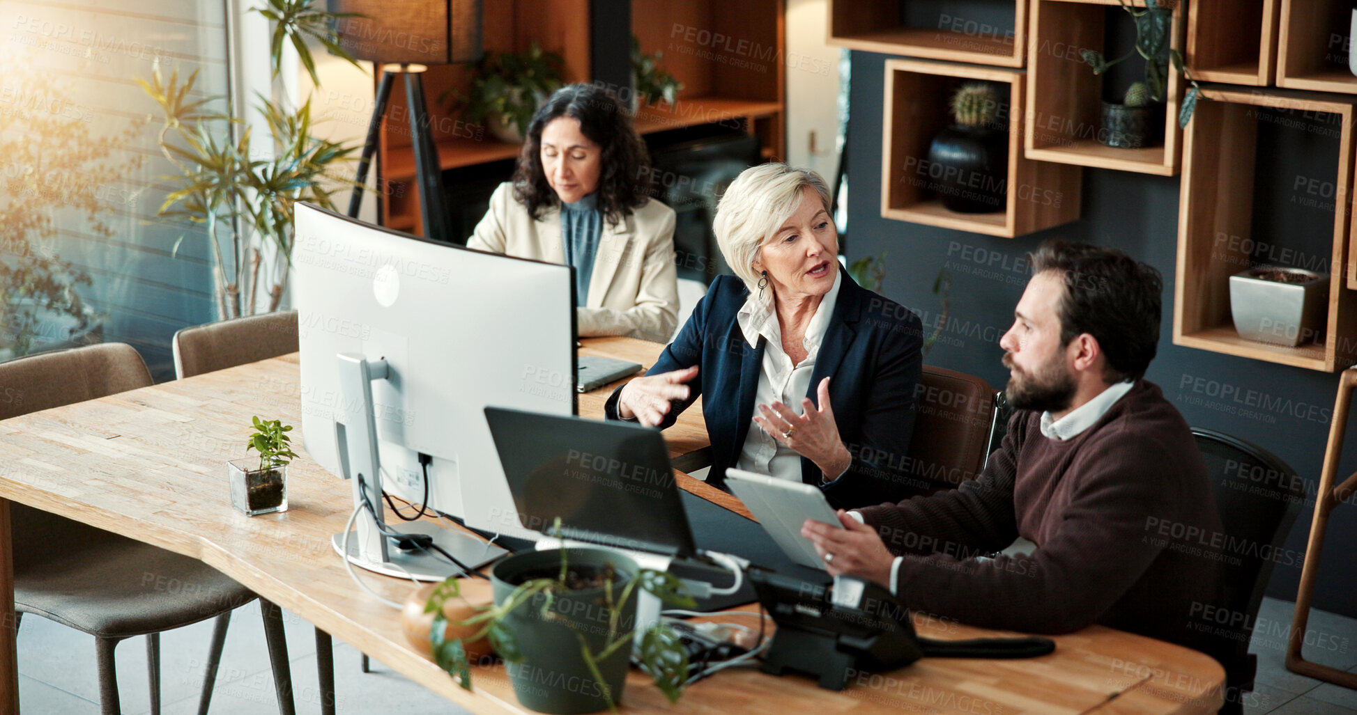 Buy stock photo Finance, feedback or people in office with computer, funding idea or teamwork on sales pitch. Above, digital or wealth advisor with tablet, budget report or partnership review on investment proposal.
