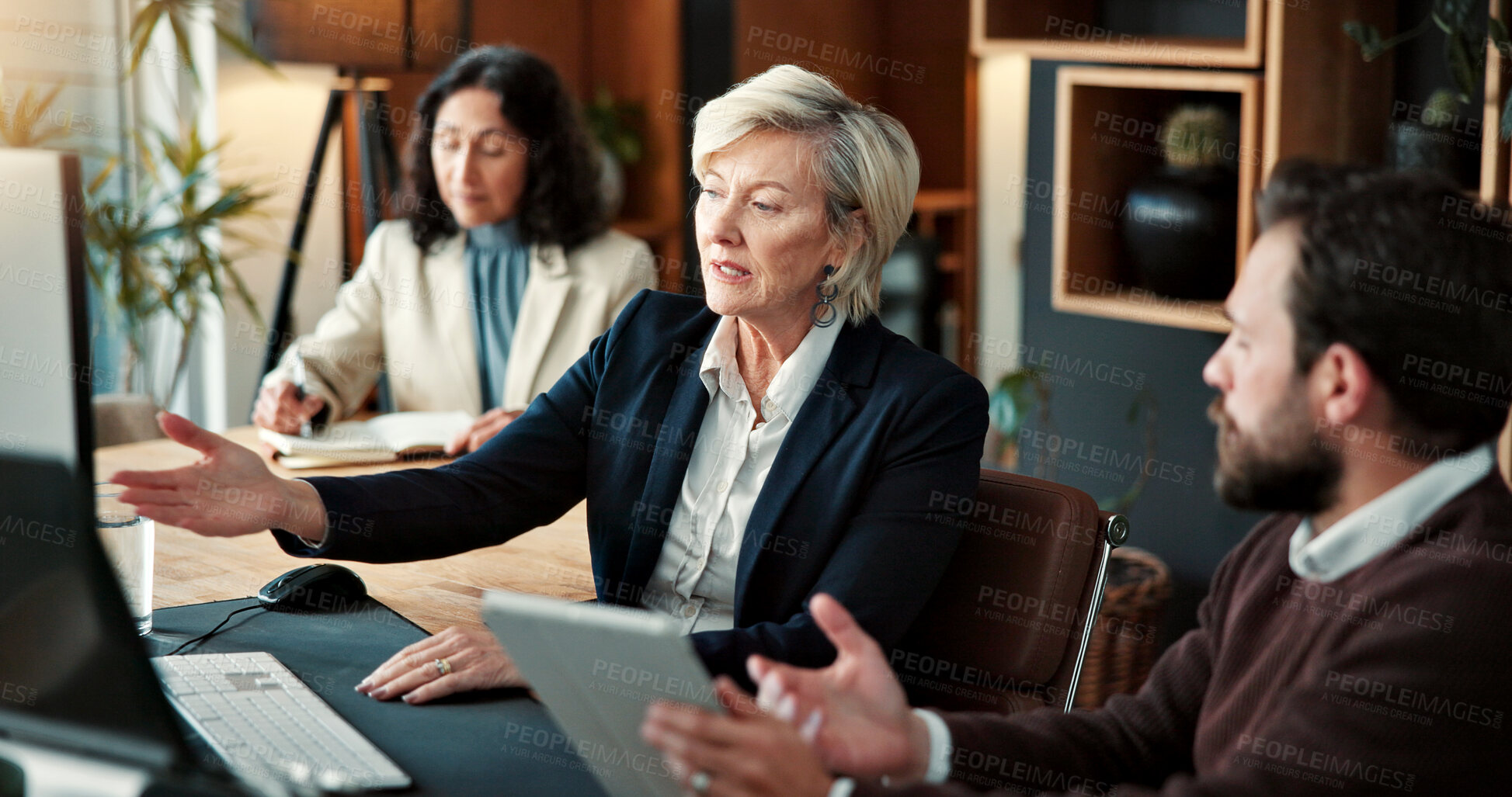 Buy stock photo Finance, feedback or people in agency with computer, cost plan or manager advice on funding pitch. Brief, digital or wealth advisor with tech, budget report or director review of investment proposal.