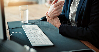 Buy stock photo Business, person or hands with wrist pain in office for muscle tension or carpal tunnel syndrome. Employee, keyboard or sore arm with joint inflammation for overworked strain or pressure in workplace