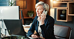 Woman, phone call and reading in office with computer, research and buyer approval for real estate. Mature realtor, mobile and email in workplace with tech, positive feedback and auction negotiation