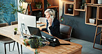 Corporate, woman and phone call in office with computer, research and buyer approval for real estate. Above, mature realtor and mobile in workplace with pc, positive feedback and auction negotiation
