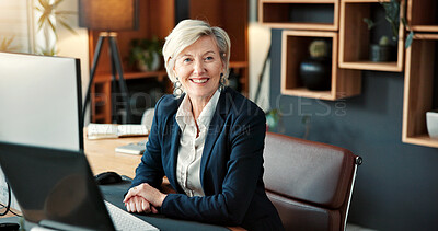 Buy stock photo Happy, business and woman in office with computer, research and legal evidence for court case. Portrait, mature person and lawyer in workplace with pc, witness statement and investigation for justice