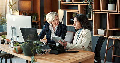 Buy stock photo Business, women and meeting in office with tablet, personal assistant and planning online schedule. Mature people, manager and executive secretary in agency with tech, review calendar and discussion.