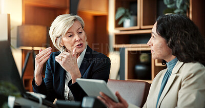 Buy stock photo Finance, discussion or women in office with tablet, cost plan or manager advice on funding pitch. Brief, digital or wealth advisor with tech, budget report or director review of investment proposal.