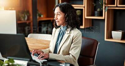 Buy stock photo Business, woman and reading in office with computer, research and online evidence for court case. Mature person, lawyer or typing in workplace with pc, witness testimony and investigation for justice