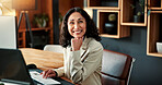 Portrait, woman and lawyer in office with computer, research and legal evidence for court case. Smile, mature person and attorney in workplace with pc, witness statement and investigation for justice