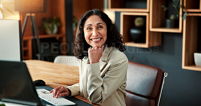 Buy stock photo Portrait, woman and lawyer in office with computer, research and legal evidence for court case. Smile, mature person and attorney in workplace with pc, witness statement and investigation for justice