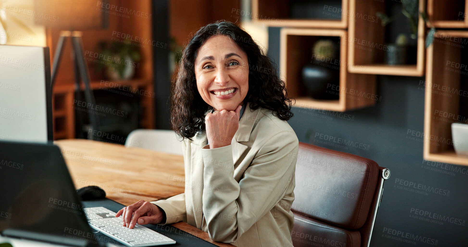 Buy stock photo Portrait, woman and lawyer in office with computer, research and legal evidence for court case. Smile, mature person and attorney in workplace with pc, witness statement and investigation for justice