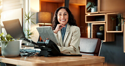 Buy stock photo Portrait, business and woman in office with tablet, research and legal evidence for court case. Smile, mature person and lawyer in workplace with tech, witness statement and investigation for justice