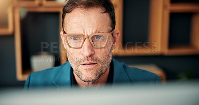 Buy stock photo Thinking, review or man in office with computer, research or budget planning for funding pitch. Digital, glasses or mature finance advisor with tech, portfolio check or proposal ideas for investment.