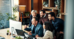 Team, fist pump and happy people with computer in business, laugh and excited for financial success. Investment banking, celebration and colleagues with good news on technology, smile and achievement