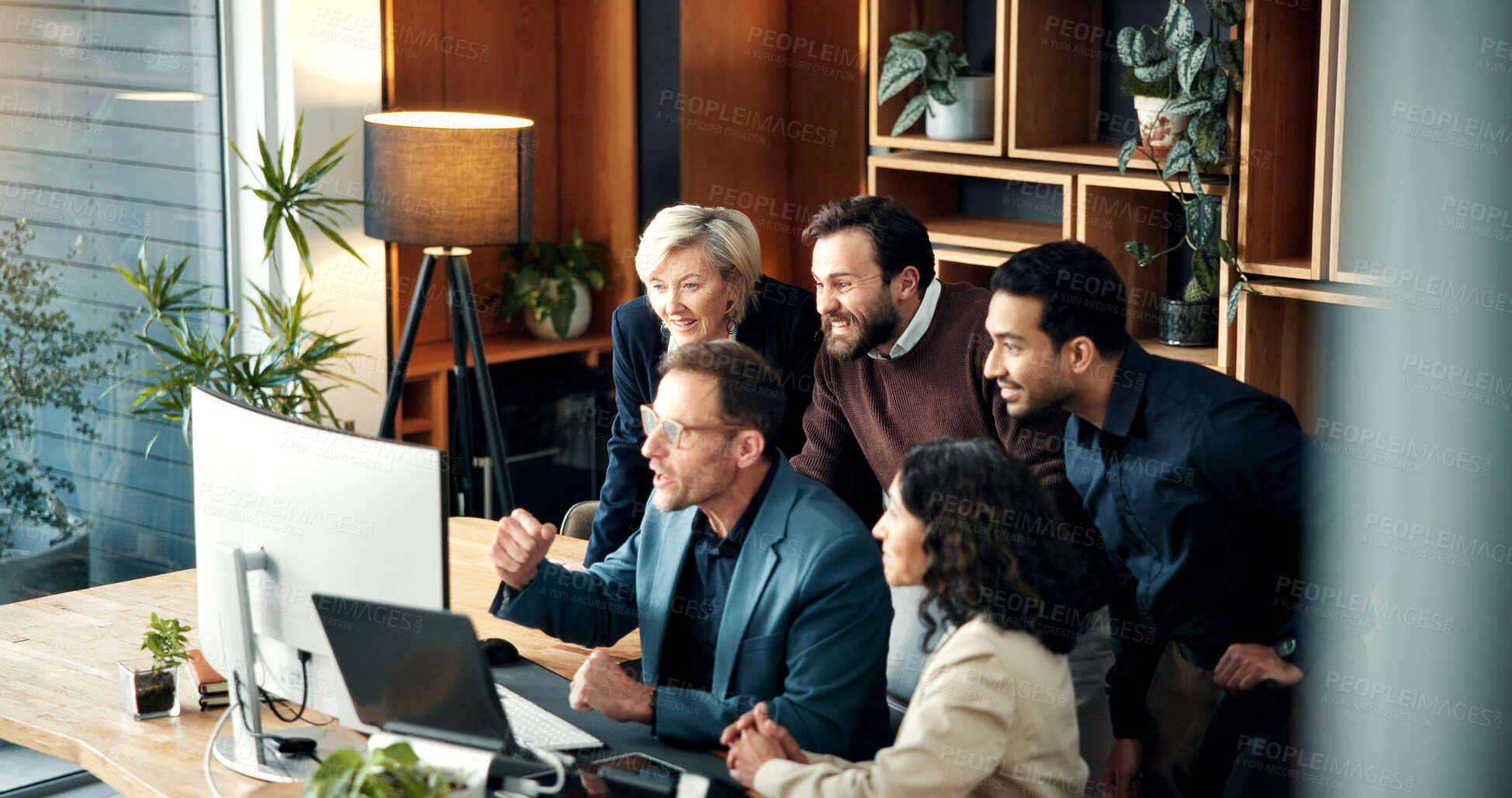 Buy stock photo Team, fist pump and happy people with computer in business, laugh and excited for financial success. Investment banking, celebration and colleagues with good news on technology, smile and achievement