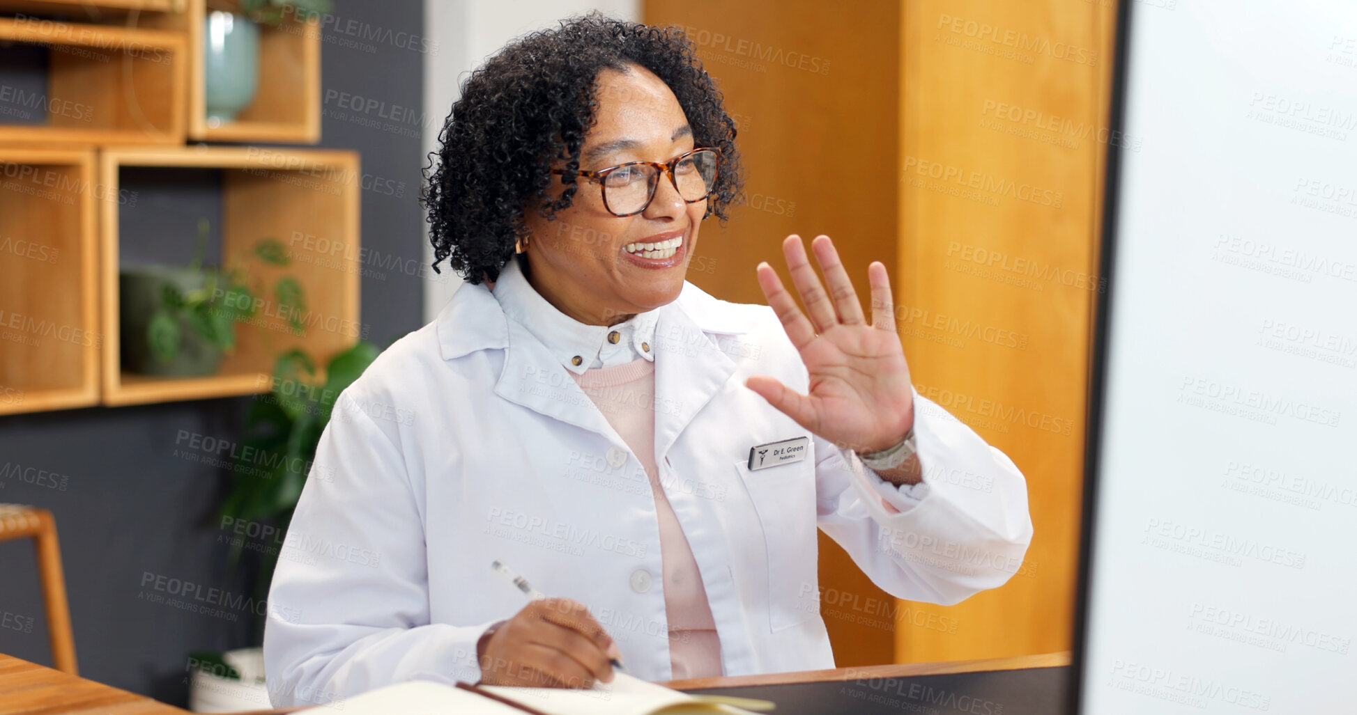 Buy stock photo Doctor, wave and video call in clinic with computer, notebook and communication for wellness update. Happy, woman or healthcare worker greeting with desktop, online meeting or telehealth appointment.