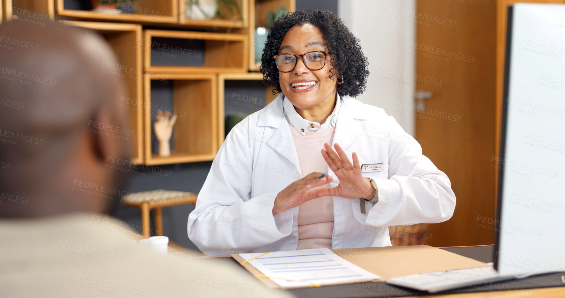 Buy stock photo Consulting, folder and healthcare with happy doctor of patient in office for feedback or review. Advice, documents and records with medical professional speaking to person in hospital for diagnosis