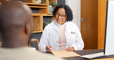 Buy stock photo Advice, folder and healthcare with happy doctor of patient in office for feedback or review. Consulting, documents and records with medical professional speaking to person in hospital for diagnosis