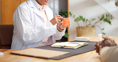 Buy stock photo Doctor, patient and hands in consultation with pills, instructions and advice for prescription drugs. Healthcare worker, people and help in clinic with medicine, appointment and how to cure illness.
