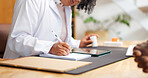 Doctor, patient and hands writing with prescription for medicine, disease diagnosis and sick letter. Healthcare worker, people and notes in clinic for medical certificate, drugs info or consultation.
