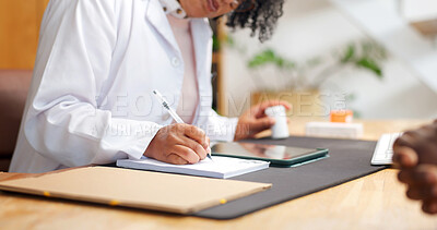 Buy stock photo Doctor, patient and hands writing with prescription for medicine, disease diagnosis and sick letter. Healthcare worker, people and notes in clinic for medical certificate, drugs info or consultation.