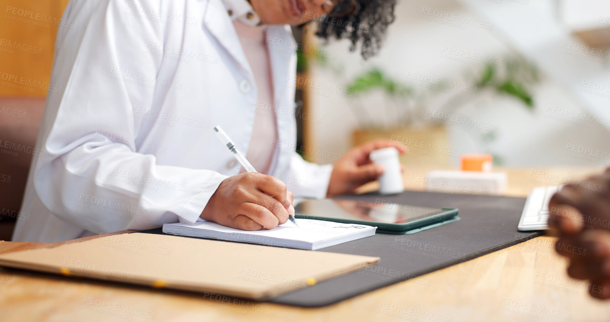 Buy stock photo Doctor, patient and hands writing with prescription for medicine, disease diagnosis and sick letter. Healthcare worker, people and notes in clinic for medical certificate, drugs info or consultation.