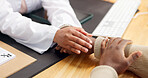 Doctor, patient and holding hands in office with comfort, bad news or assurance for disease recovery. Healthcare worker, people and console in clinic with diagnosis, empathy and emotional support.