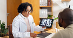 Advice, tablet screen and xray with doctor of patient in office for feedback or MRI review. Consulting, radiology and results with medical professional speaking to person in hospital for diagnosis