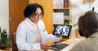 Buy stock photo Advice, tablet screen and xray with doctor of patient in office for feedback or MRI review. Consulting, radiology and results with medical professional speaking to person in hospital for diagnosis