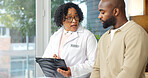 Doctor, clipboard and talk in office with patient, medical survey and ask questions about symptoms. Healthcare worker, wellness checklist and discussion in consultation with person, help and advice.