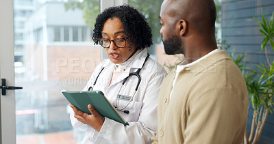 Buy stock photo Doctor, tablet and discussion in office with patient, medical survey or online research for symptoms. Healthcare worker, tech and talk in consultation with person, wellness evaluation and advice.