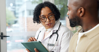 Buy stock photo Doctor, tablet and talk in office with patient, medical research or explain test results for disease. Healthcare worker, tech and discussion in consultation with person, treatment advice or planning.