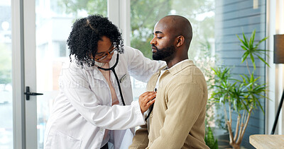 Buy stock photo Doctor, patient and listen to heartbeat with stethoscope, cardiovascular assessment and medical help. Cardiologist, woman and hearing breathing of man with healthcare tools, exam or checkup in clinic