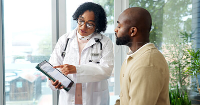 Buy stock photo Doctor, tablet and talk in clinic with patient, medical research or explain test results for disease. Healthcare worker, tech and discussion in consultation with person, treatment advice or planning.