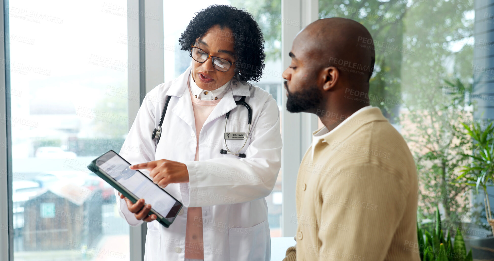 Buy stock photo Doctor, tablet and talk in clinic with patient, medical research or explain test results for disease. Healthcare worker, tech and discussion in consultation with person, treatment advice or planning.