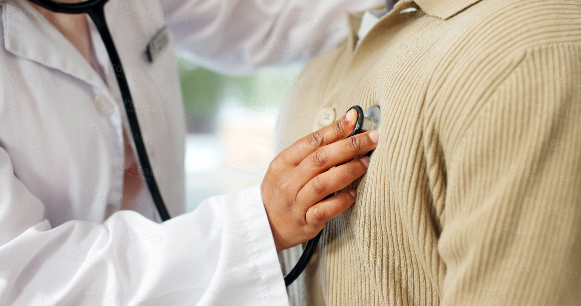 Buy stock photo Doctor, patient and hands in consultation with stethoscope, cardiovascular exam and medical checkup. Cardiologist, person and hearing breathing in clinic with healthcare tools, heart rate or wellness