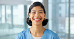 Smile, woman and nurse at hospital for medical, assistance and about us for patient care. Portrait, female person and happy employee in workplace for nursing, ambition and career pride for healthcare