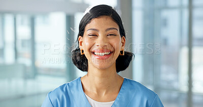 Buy stock photo Smile, woman and nurse at hospital for medical, assistance and about us for patient care. Portrait, female person and happy employee in workplace for nursing, ambition and career pride for healthcare
