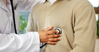 Buy stock photo Doctor, patient and hands in clinic with stethoscope, cardiovascular assessment or medical checkup. Cardiologist, person and hearing breathing in office with healthcare tools, heart rate or wellness.