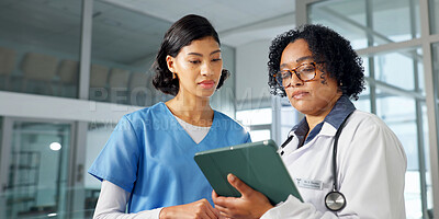Buy stock photo Medical, review and team with tablet, hospital research and patient records for treatment plan. Women, doctor and nurse with technology, clinical feedback and collaboration insight in post surgery.