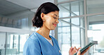 Tablet, nurse and happy woman in clinic for healthcare, case study or admin with wellness email. Smile, medical and female person with tech to review results, guidelines or electronic health records
