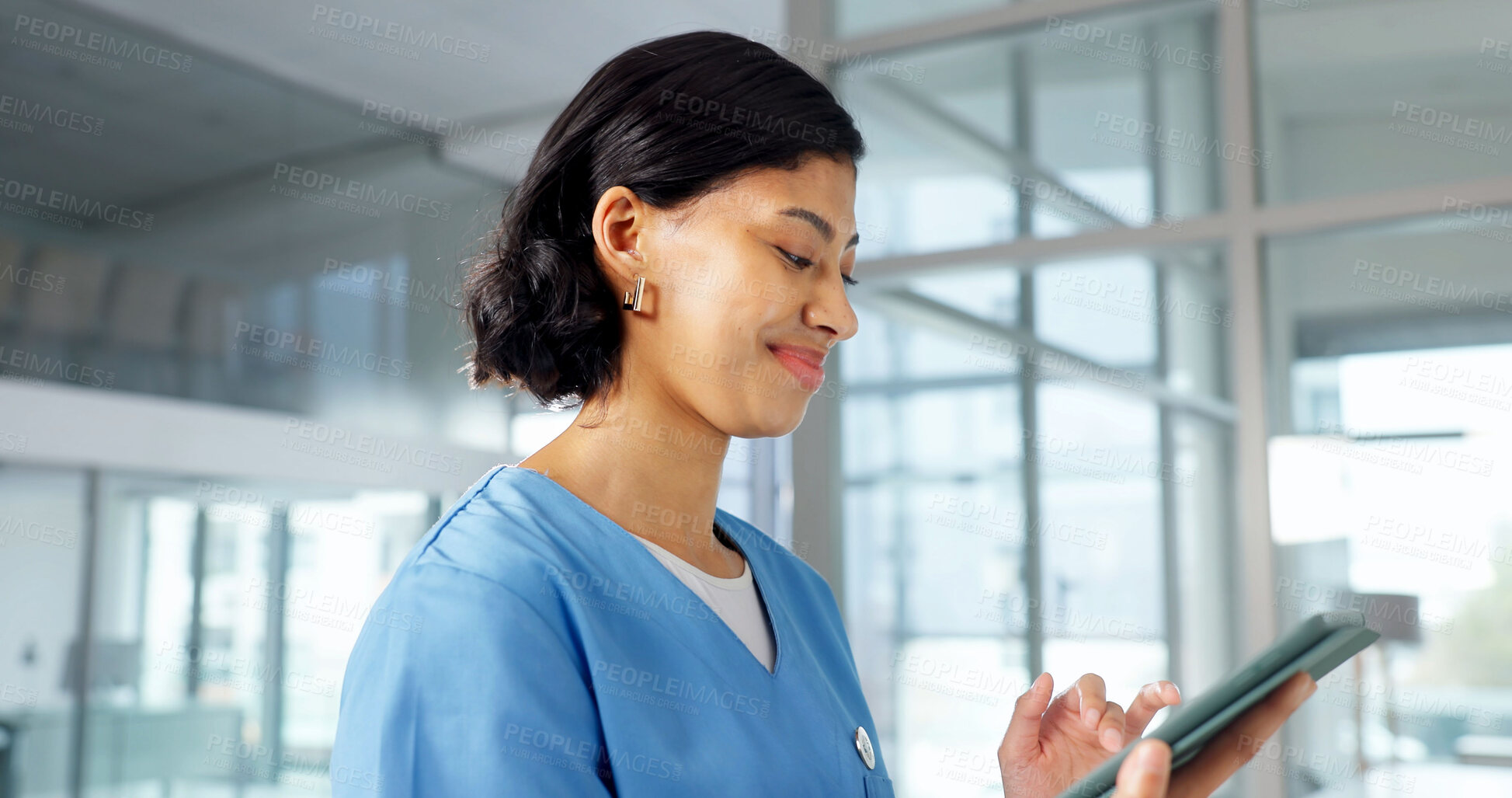Buy stock photo Tablet, nurse and happy woman in clinic for healthcare, case study or admin with wellness email. Smile, medical and female person with tech to review results, guidelines or electronic health records