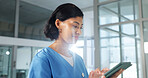 Tablet, nurse and woman in hospital for healthcare, case study or admin with wellness email. Smile, medical and person with tech to review results, guidelines or electronic health records with flare