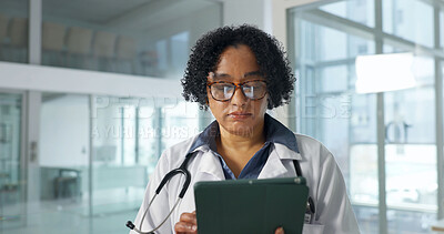 Buy stock photo Tablet, doctor and woman in hospital for medical research, case study and admin with email. Serious, healthcare and mature person with tech to review guidelines, history or electronic health records
