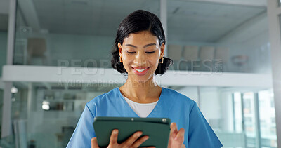 Buy stock photo Tablet, nurse and happy woman in clinic for medical research, case study and admin with email. Smile, healthcare and female person with tech to review results, guidelines or electronic health records