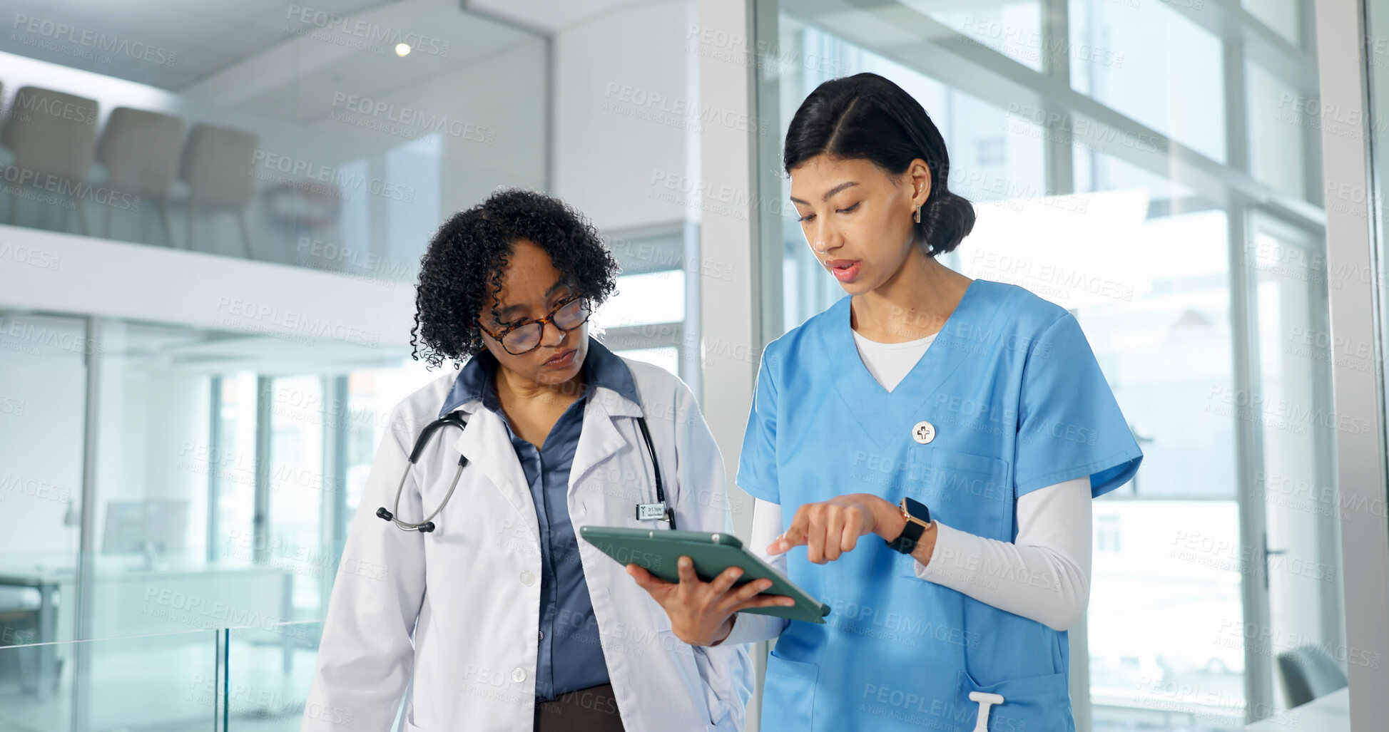 Buy stock photo Medical, discussion and women with tablet, hospital records and patient review for treatment plan. Collaboration, doctor and nurse with tech, diagnosis feedback or healthcare research in post surgery