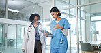 Medical, discussion and team with tablet, hospital records and patient review for treatment plan. Women, doctor and nurse with flare, diagnosis feedback and healthcare research in post surgery.