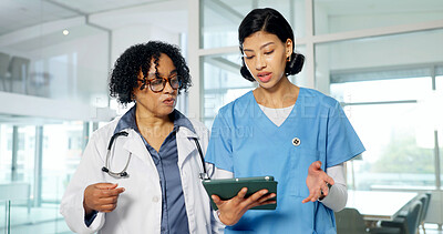 Buy stock photo Medical, feedback and women with tablet, hospital records and patient review for treatment plan. Team, doctor and nurse with flare, diagnosis discussion and healthcare research in post surgery.