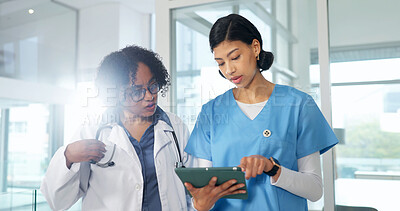 Buy stock photo Medical, feedback and team with tablet, hospital records and patient review for treatment plan. People, doctor and nurse with flare, diagnosis discussion and healthcare research in post surgery.