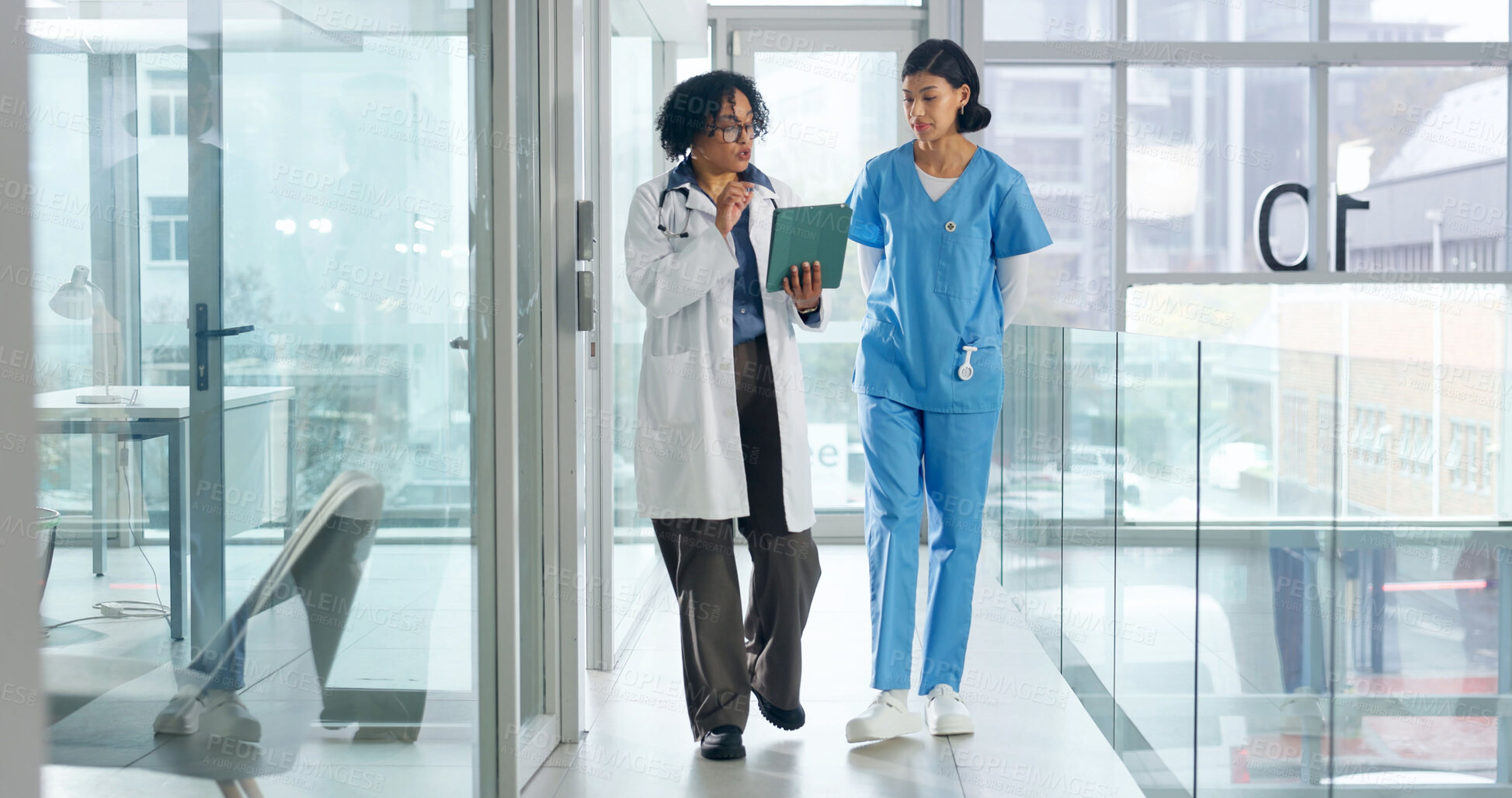 Buy stock photo Medical, review and team with tablet, hospital briefing and patient records for treatment plan. Women, doctor or nurse with collaboration, diagnosis discussion or healthcare research in post surgery.