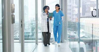 Buy stock photo Medical, feedback and team with tablet, hospital briefing and patient review for treatment plan. Women, doctor or nurse with collaboration, diagnosis discussion or healthcare research in post surgery